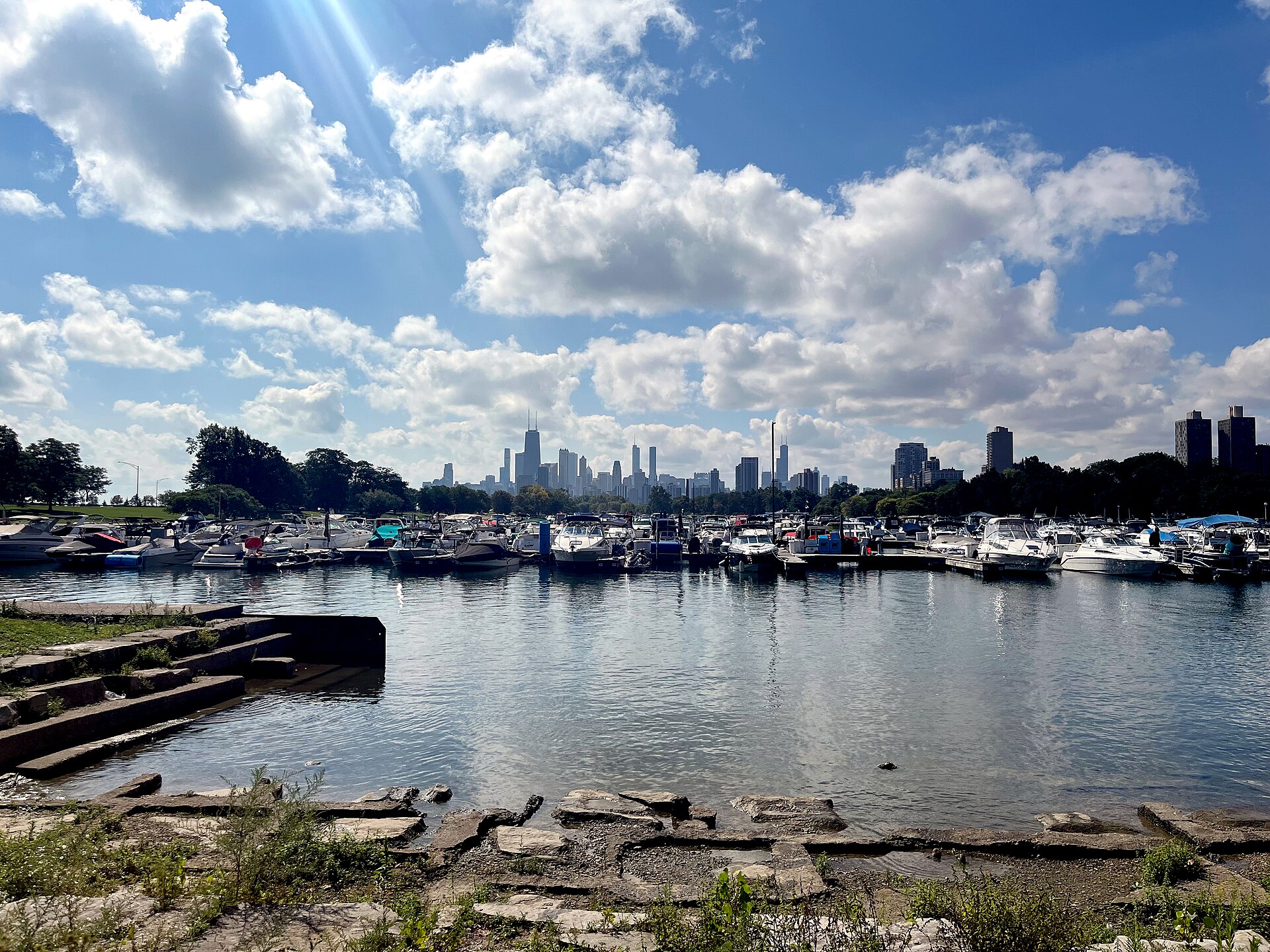Belmont Harbor and Chicago’s skyline, viewed from the Lakeview lakefront.